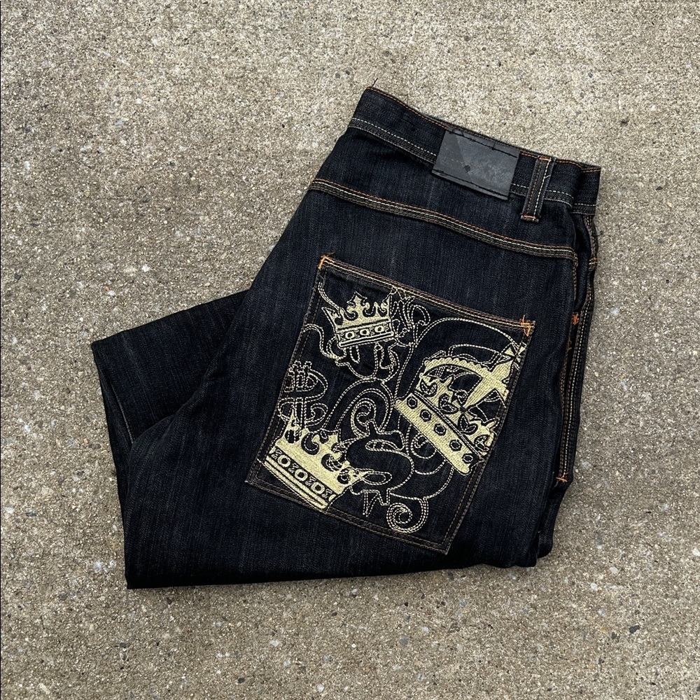 Men's Black Jeans with Gold Embroidery